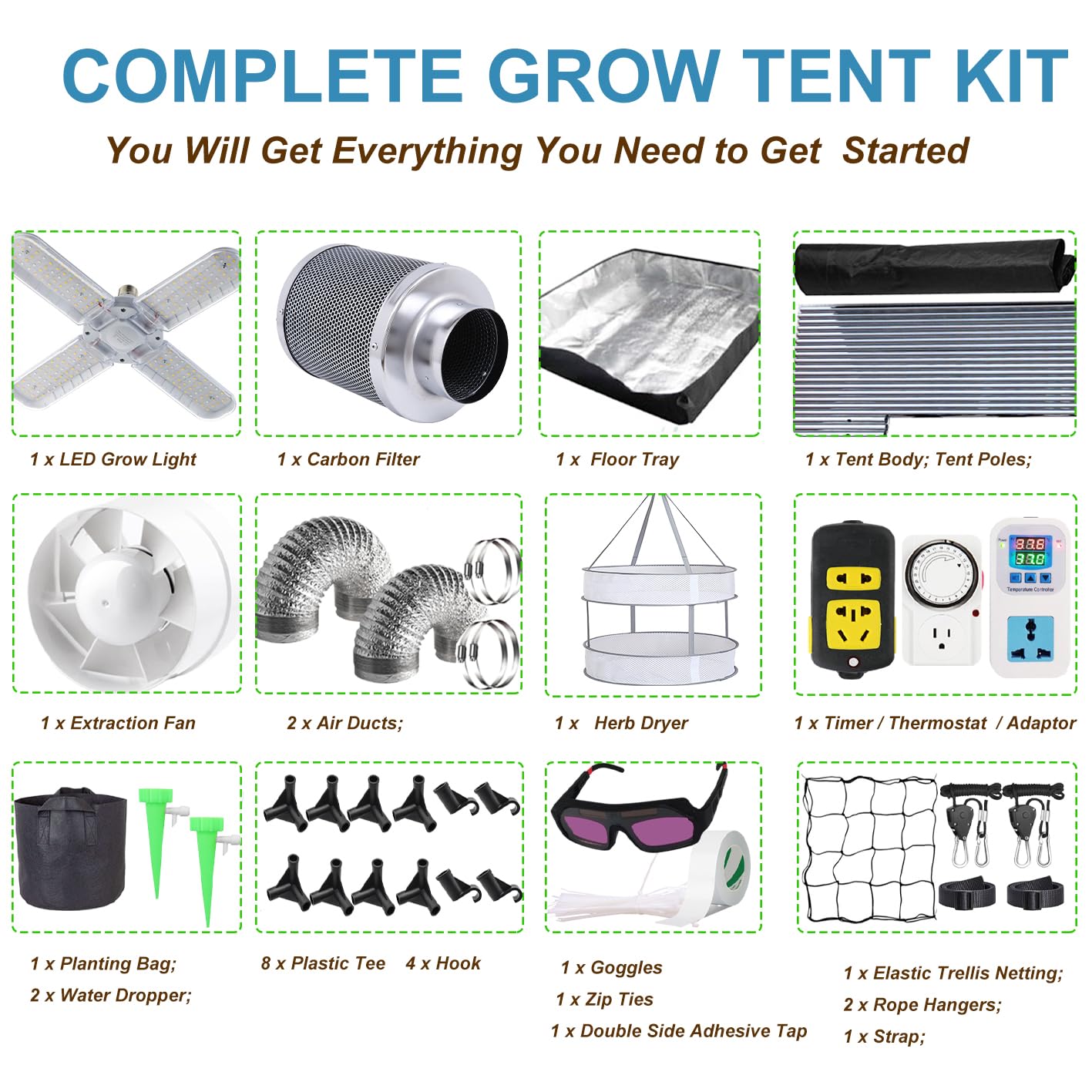Grow Tent Kit,Complete 4x4ft High Reflective Mylar Indoor Grow Tent Hydroponics Indoor Plant Growing Tent Room Full Spectrum LED Grow Light Ventilaion Fan Growing System+Accesseries (48" x 48" x 83")