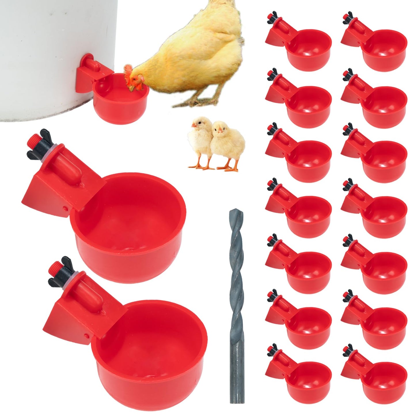 Pack of 16 Automatic Chicken Drinkers with Drill,Chicken Water Dispenser,Water Drinker,Poultry Drinker Set for Chickens, Ducks, Geese, Turkey, Pigeon TXZWJZ
