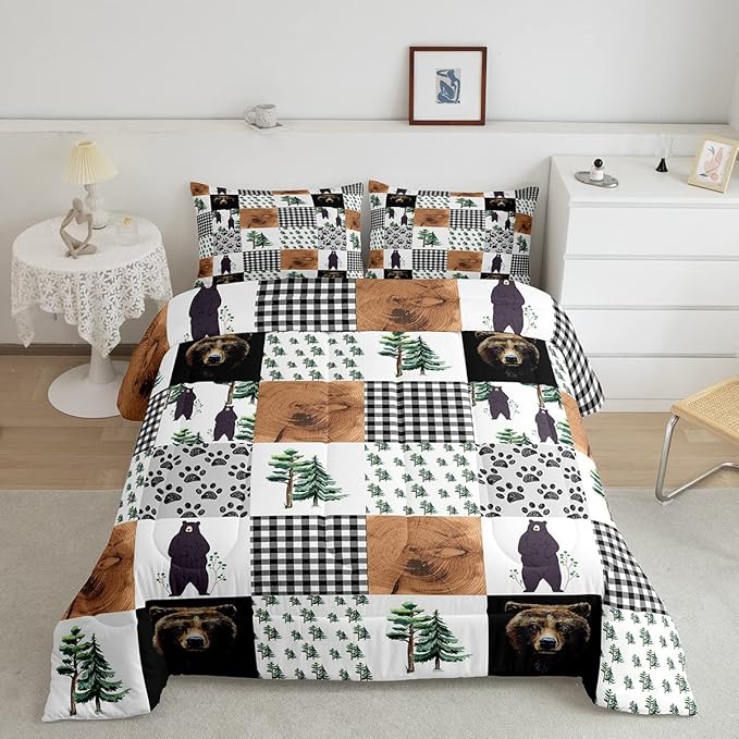 Kids Rustic Black Bear Comforter Set King Woodland Animal Bedding Set For Boys Teen Men,Patchwork Black White Grey Buffalo Plaid Comforter Farmhouse Wooden Pine Tree Bear Paw Quilt Duvet 3 Pcs