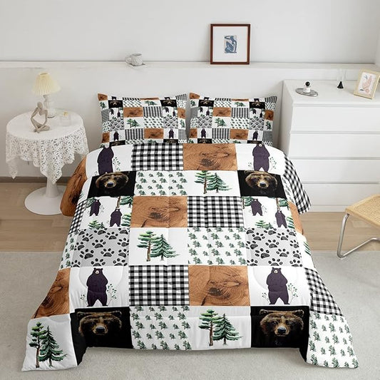 Kids Rustic Black Bear Comforter Set Queen Woodland Animal Bedding Set For Boys Teen Men,Patchwork Black White Grey Buffalo Plaid Comforter Farmhouse Wooden Pine Tree Bear Paw Quilt Duvet 3 Pcs