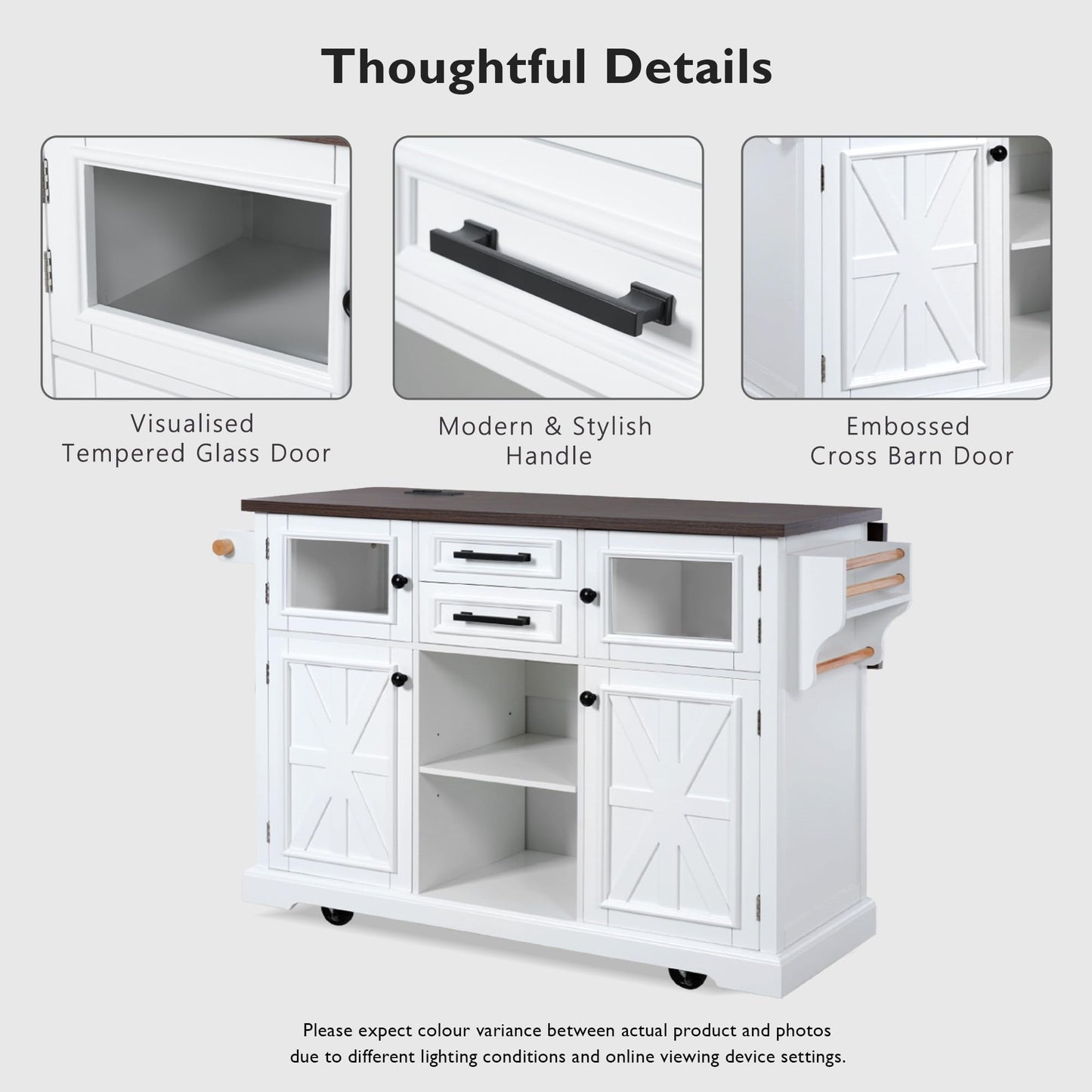 Merax 54.9" Kitchen Island with Drop Leaf, Power Outlet, Rolling Kitchen Storage Cart on 4 Wheels with 4 Door Shelves, Cross Barn Doors & Visual Glass Door for Dining Room, White