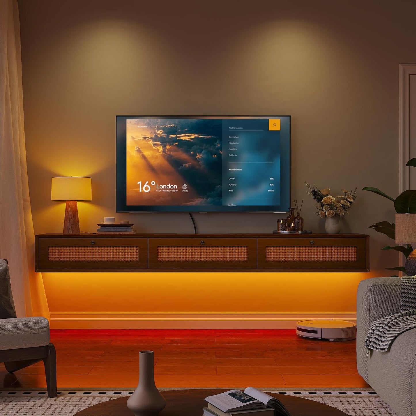 FloatiCasa Fully-Assembled Floating TV Stand with 3 Rattan Doors, Rustic Floating Entertainment Center Under TV Shelf, Modern Large Storage Wall Mounted Media Console for Living Room Bedroom 78IN