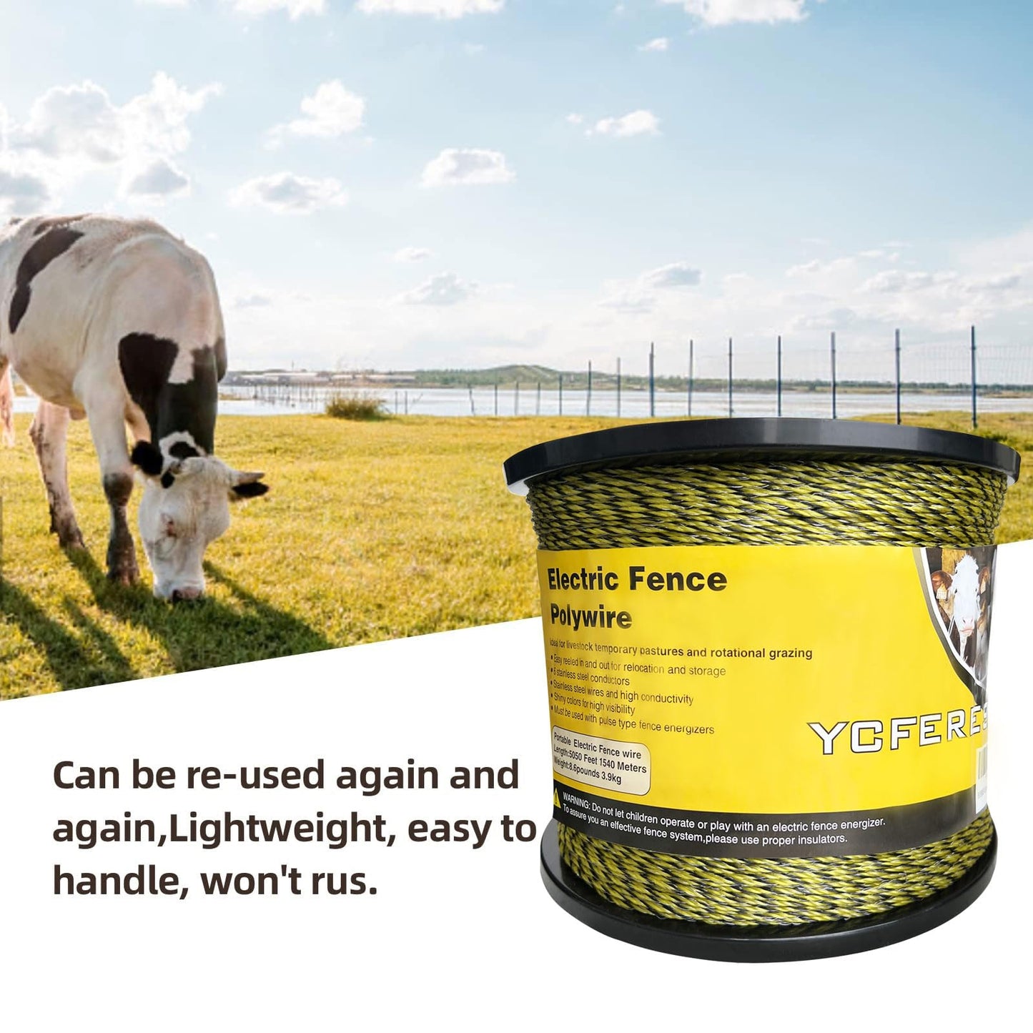 YCFERESY Upgraded Electric Fence Polywire 5050 Feet 1540 Meters, 6 Stainless Steel Strands for Reliable Conductivity and Rust Resistance, Portable Electric Fencing,UV, Rust Resistant