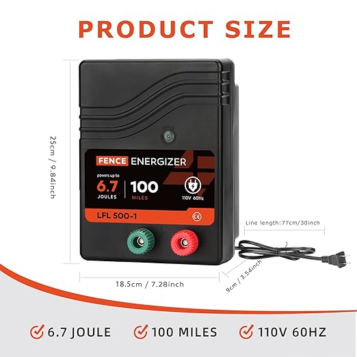 Electric Fence Charger AC Powered 100 Miles 300 Acres, 110 Volt 6.7 Joule Plug-in Electric Fence Energizer, Output Voltage Max 10.2 kV for Livestock, Preventing Predators from Intruding
