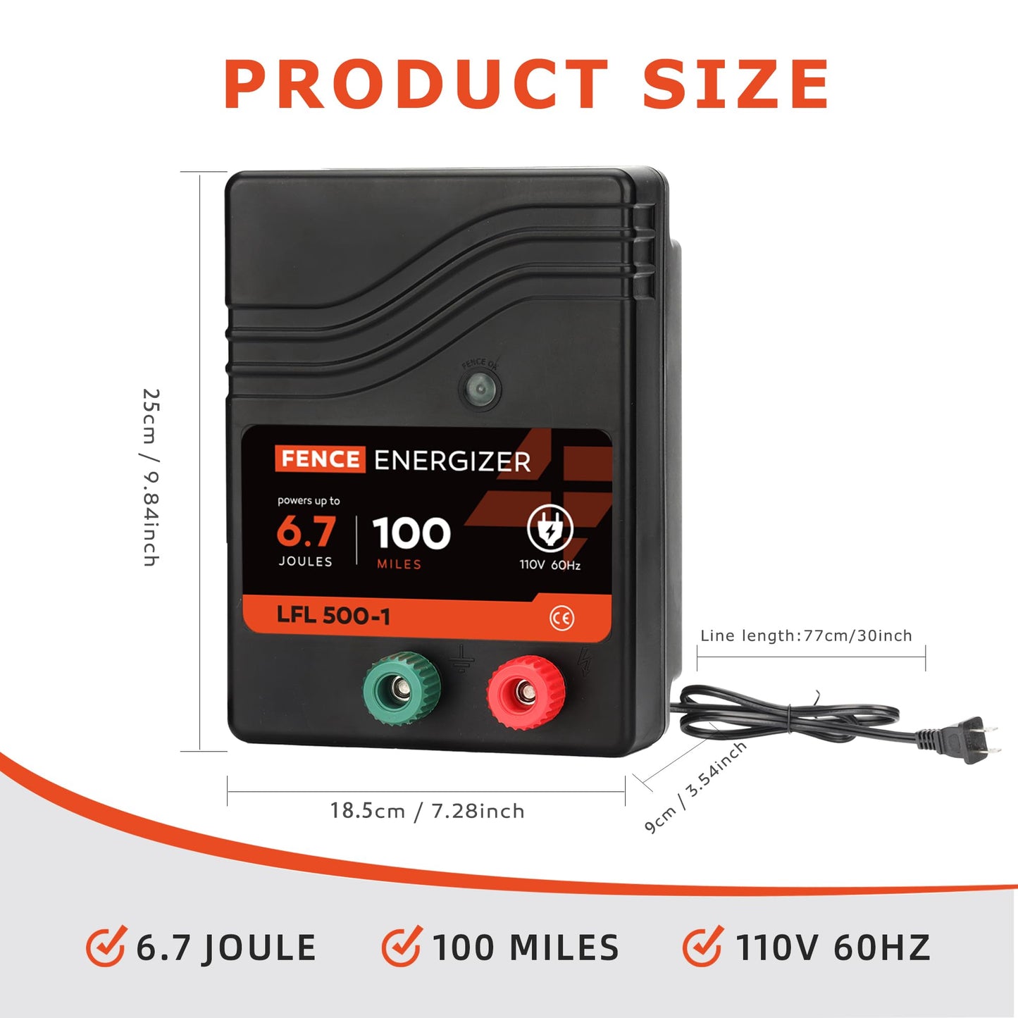 Electric Fence Charger AC Powered 100 Miles 300 Acres, 110 Volt 6.7 Joule Plug-in Electric Fence Energizer, Output Voltage Max 10.2 kV for Livestock, Preventing Predators from Intruding