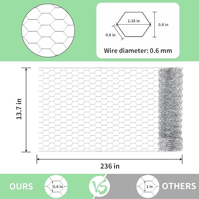 Chicken Wire 13.7 in x 236 in Poultry Wire Netting Hexagonal Galvanized Mesh Garden Fence Barrier for Craft Projects, Pet Rabbit Chicken Fencing