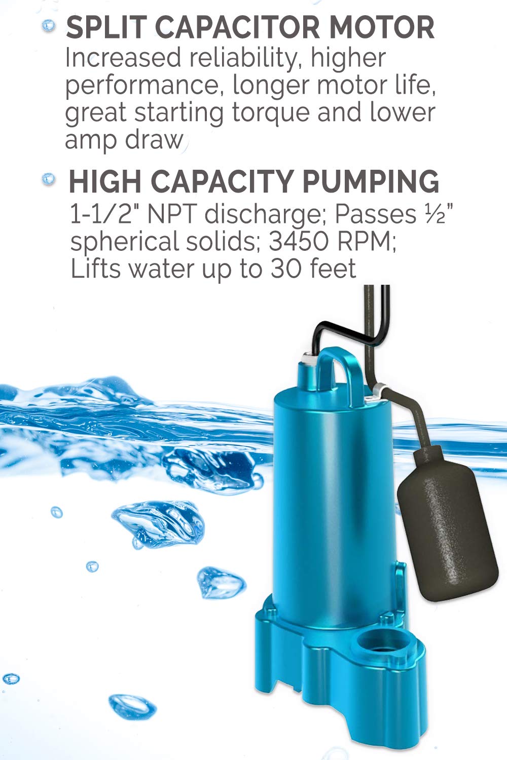 Barnes 115369 Model SP75AX Submersible Sump Pump - High-Efficiency for Residential Use, Cast Iron Vortex Impeller, 3/4 HP, 4800 GPH, Piggy Back Mechanical Float Switch, 20' Waterproof Cord