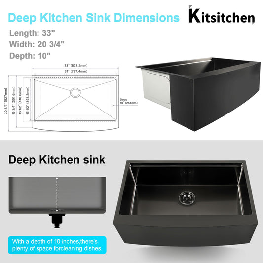 Farmhouse Sink 33 inch, Black 16 Gauge Ledge Stainless Steel Rustic Farmhouse Sinks Apron Front Undermount Farm Single Bowl Kitchen Sinks with Accessories,33"x20"x10"