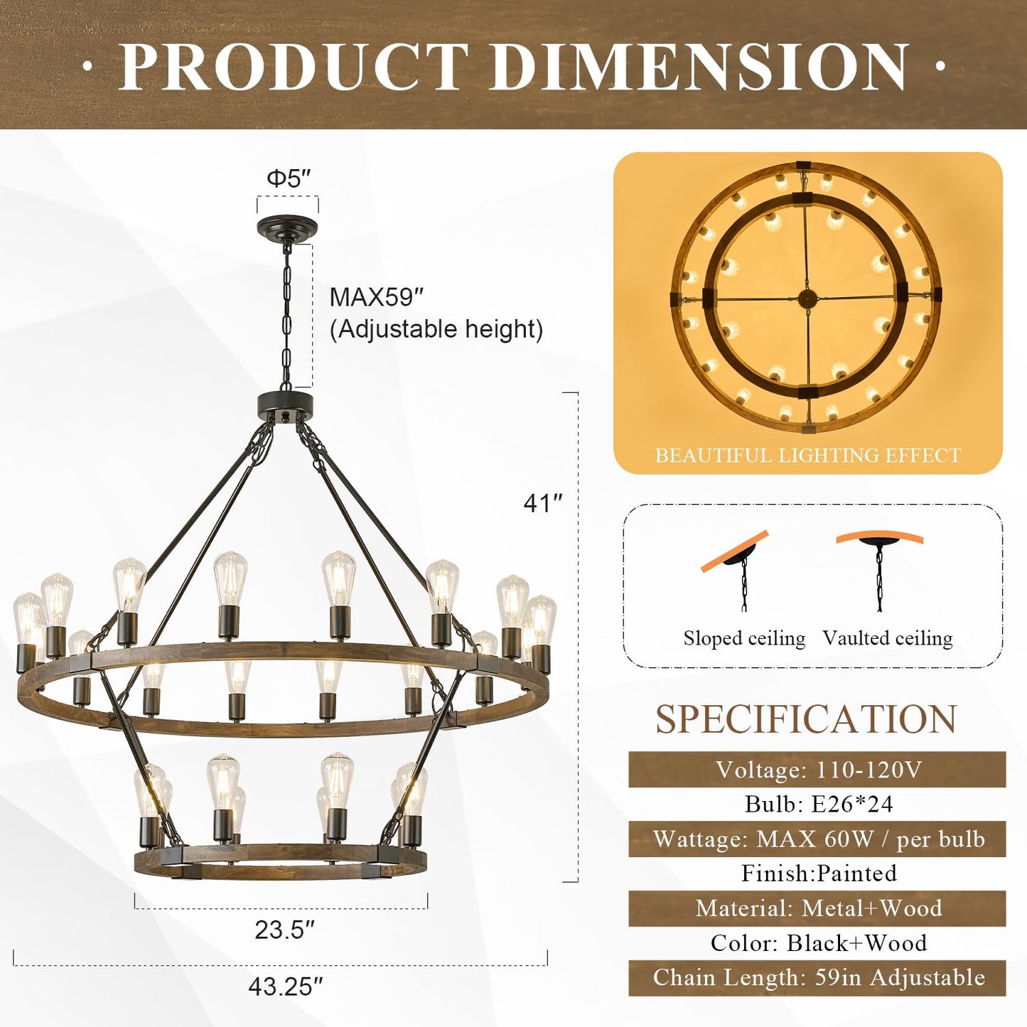 Poemoon 2 Tier Wooden Wagon Wheel Chandelier 43.3'' Farmhouse 24 Lights(16+8) Black Rustic Light Fixture 2-Story Round Wood Chandelier for High Ceiling Living Dining Room Foyer Villa