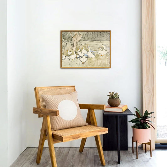 Roslynity Framed Canvas Wall Art Vintage Print Paintings Ducks Nursery Abstract Animal Drawing Country Retro Aesthetic Artwork for Home Living Room Bathroom Farmhouse Wall Decor (12"x16")