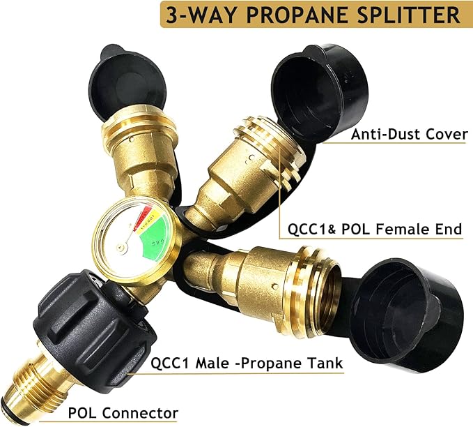3 Way Tank Propane Splitter QCC/POL with Gauge and Shut-Off Valve, Y Splitter Adapter Propane LP Tank Fuel Tee Gauge Adapter Fitting 3 Way Propane Gas Splitter for Propane Tank，RV BBQ Grills Camping