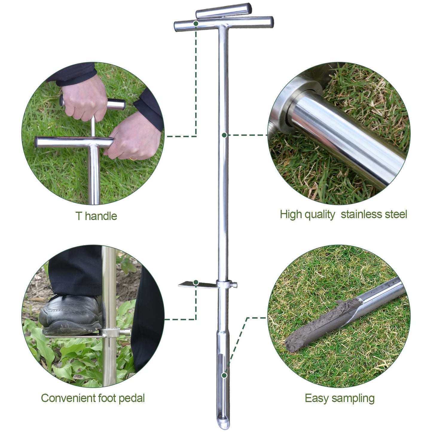 Soil Probe 40 Inch with 2 Bags, Soil Sample Probe with Ejector for Lawn House Plants, T-Handle Soil Sampler Probe Rod with Pedal, Stainless Steel Soil Test Kits Tool for Soil Sampling