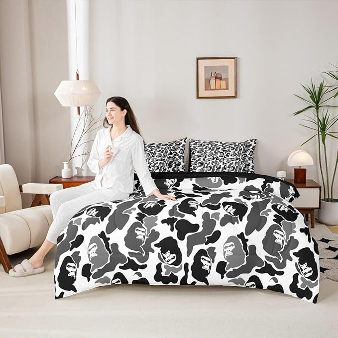Feelyou Camo Comforter Set with Sheets 7 Piece Twin Size Camouflage Bedding Set for Kids Boys Girls Camo Monkey Bed in a Bag Hunting Room Decor Grey and Black Soft Lightweight Microfiber
