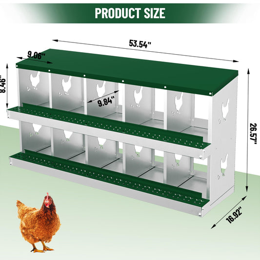 Chicken Nesting Box, 10 Holes Nesting Boxes for Chicken, Chicken Laying Boxes for Chicken Coop Hens, Easy Egg Collection, Easy Cleaning, Green