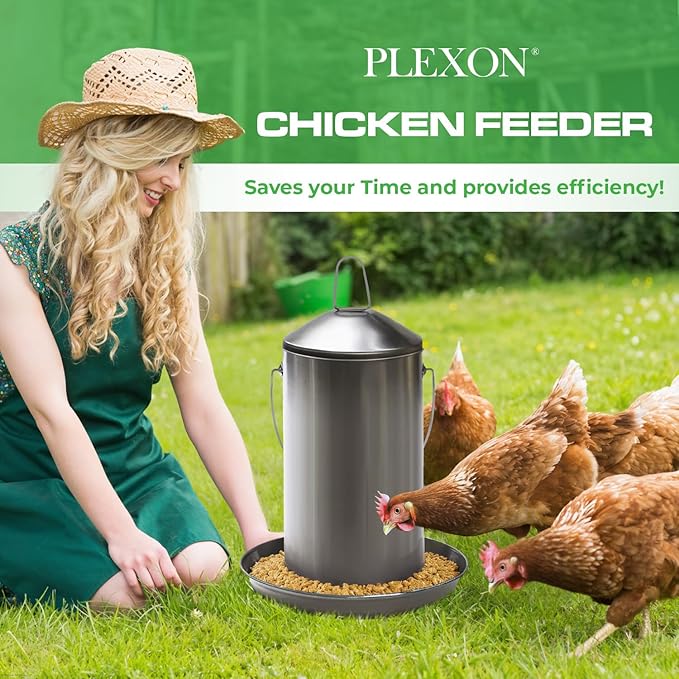 Plexon 8.8 Lb Stainless Steel Hanging Chicken Feeder no Waste Food-Grade - Duck Turkey Poultry Feeder for Chicken Metal - Heavy Duty Reliable Long-Lasting with Handle
