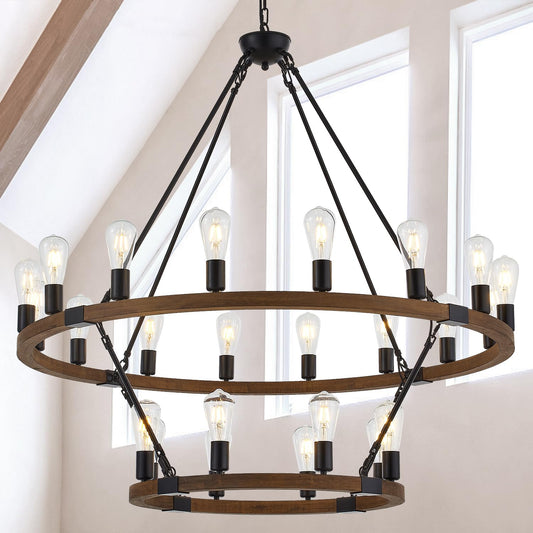 brfaixla 2 Tiers Wagon Wheel Chandelier Wooden Farmhouse 24-Light(16+8) 43.34’’ Brown, Black Metal Chandeliers 2-Story Rustic Light Fixtures Industrial for High Ceiling Living Dining Room Foyer