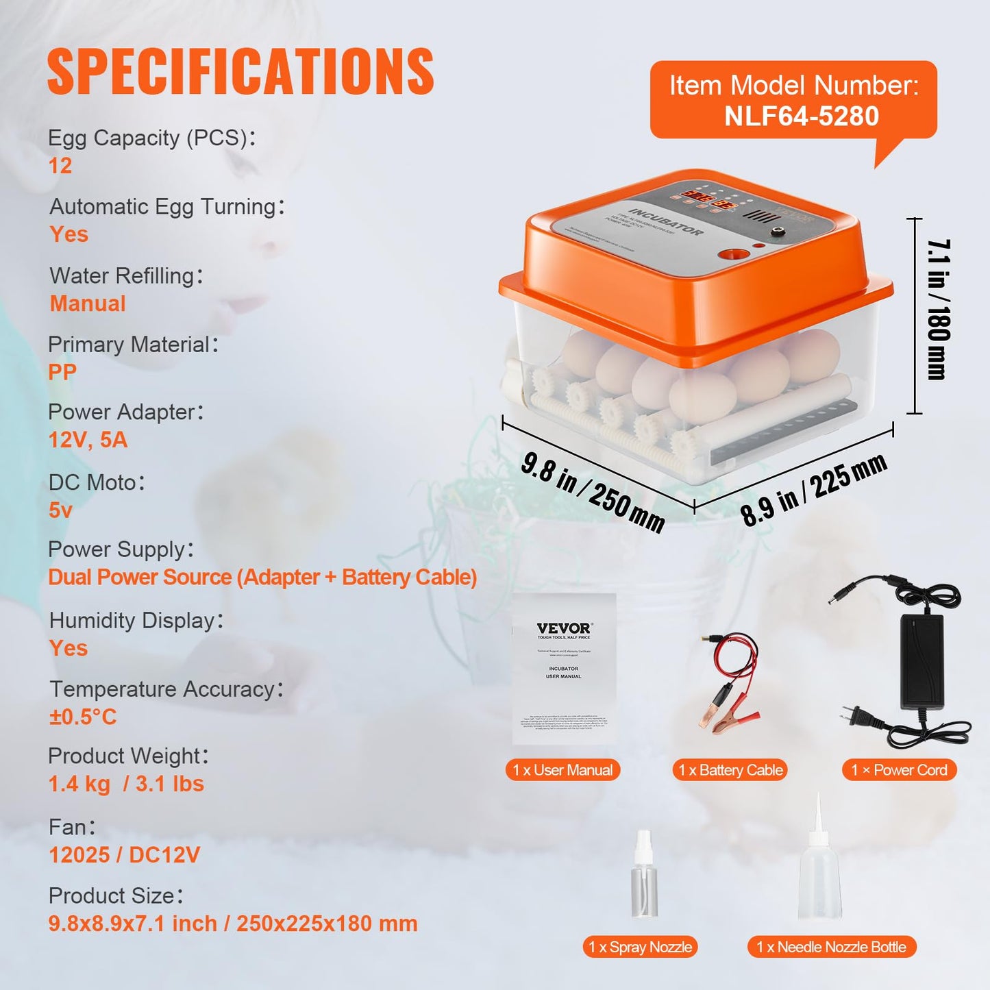 VEVOR 12 Egg Incubator, Incubators for Hatching Eggs, 360° Automatic Egg Turner with Temperature and Humidity Display, 12 Eggs Poultry Hatcher with ABS Transparent Shell for Chicken, Duck, Quail