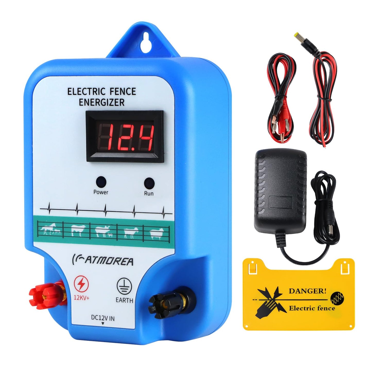 ATMOREA Electric Fence Charger kit, 12 kV High-Power Energizer with LED Display + 1640ft (500m) Aluminum Magnesium Alloy Wire + 100 Pcs Electric Fence Insulator