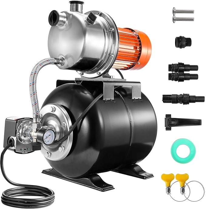 VEVOR 1.6 HP Shallow Well Pump With Pressure Tank, 1320 GPH, Automatic Irrigation Water Booster, 5-Gal Tank 30/50 PSI Switch, Stainless Steel Head for Home Garden Lawn