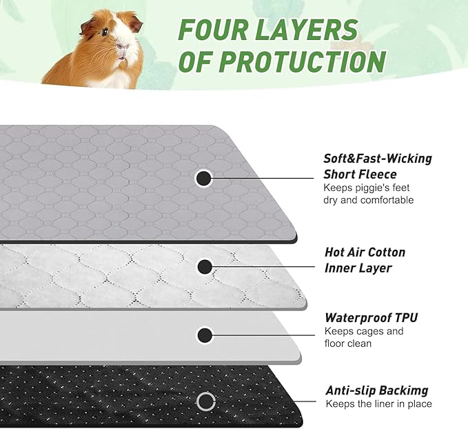 Guinea Pig Cage Liners, 2 Pack 16'' X 24'' Washable Guinea Pig Pee Pads, Non Slip Reusable Super Absorbent Guinea Pig Training Mat Bedding Fleece for Small Animals Hamster Rabbit Chinchilla Rat