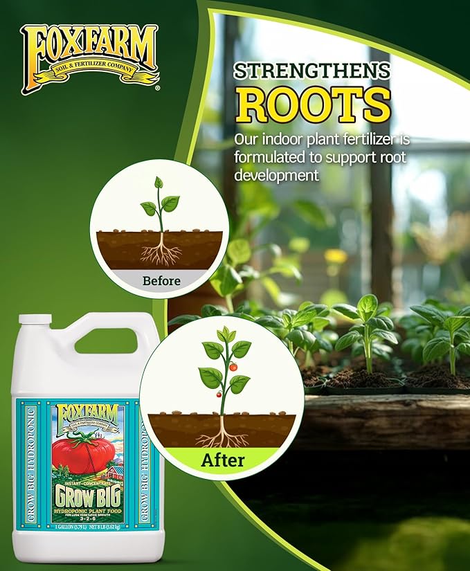 FoxFarm Grow Big Hydro Liquid Fertilizer, Plant Food with Micro Nutrients for Hydroponic Systems - Enhances Vegetative Growth, Flowering, and Fruiting - pH Adjustable, NPK 3-2-6 (Gallon)
