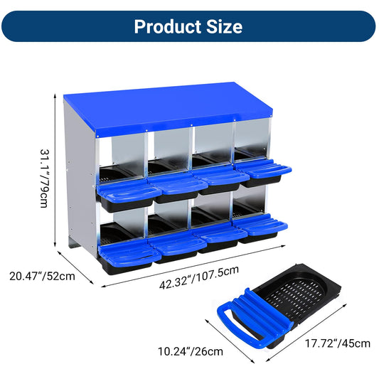 Chicken Nesting Box, 8 Compartments Nesting Boxes for Chickens, Chicken Laying Boxes, Roll Away Nesting Box for Chickens Laying Egg with Lid Cover to Protect Eggs, Blue