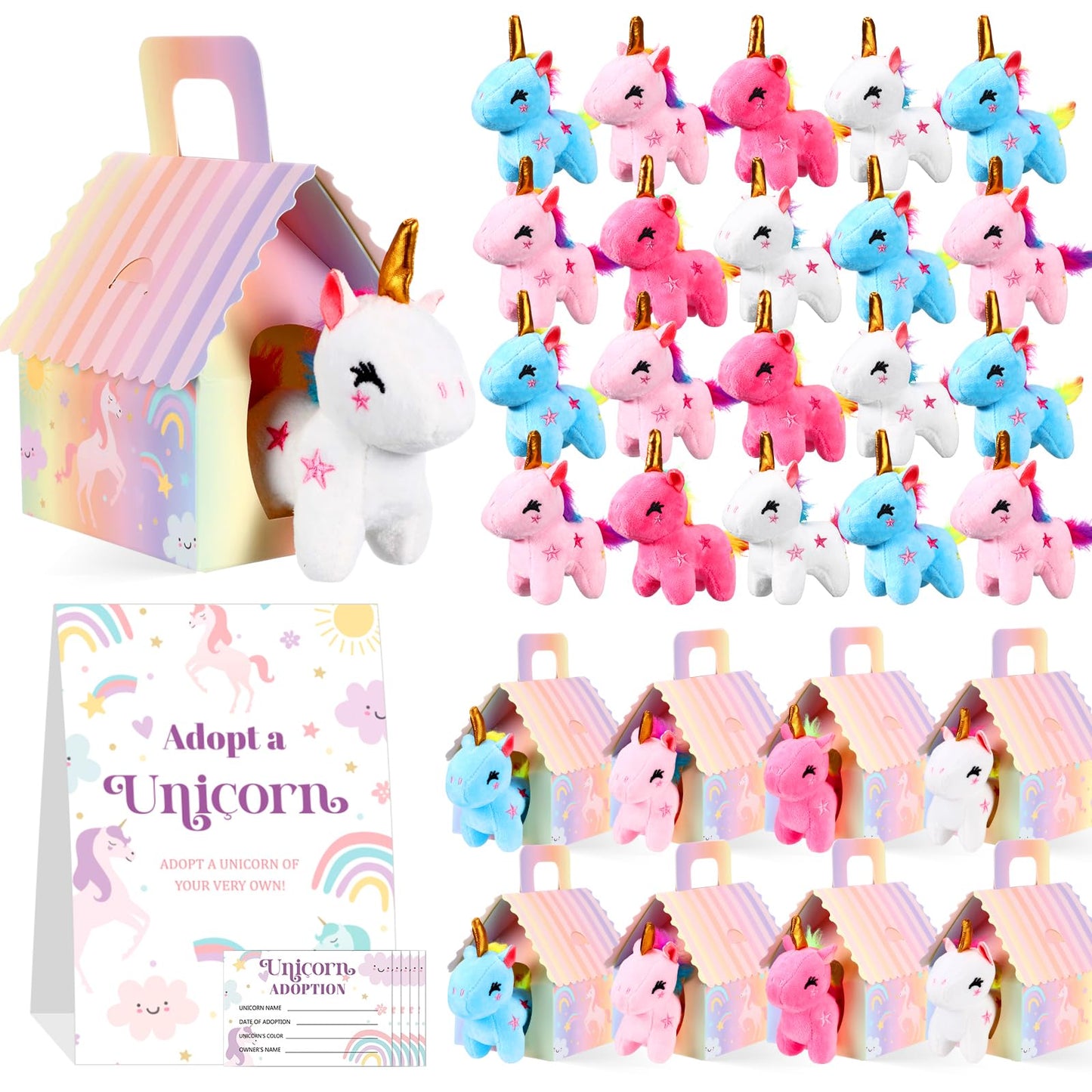 Blueweenly 73 Pcs Adopt a Unicorn Party Favors Set for Girl Mini Plush Unicorn Stuffed Animal Gift Box Adoption Card 1 Animal Sign with Carton House for Adopt a Pet Party Favor Birthday Supply (Cute)