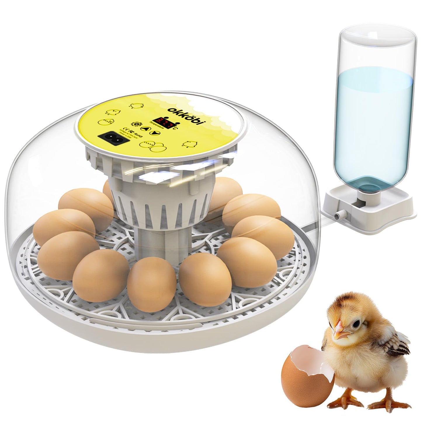Okkobi M12 Egg Incubator with Automatic Turner and Humidity Control - 12/24 Eggs, 360° View, Easy to Use and Clean - Incubadora de Huevos de Gallina - Incubators for Hatching - White & Yellow
