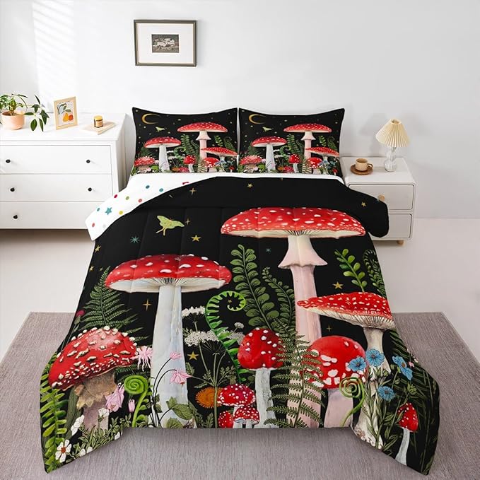 Castle Fairy Red Mushroom Girls Comforter Set Full Size,Magical Plant Snail Duvet Sets Teens Bedroom Decor,Jungle Botanical Brushed Microfiber Soft Bedding Comforter