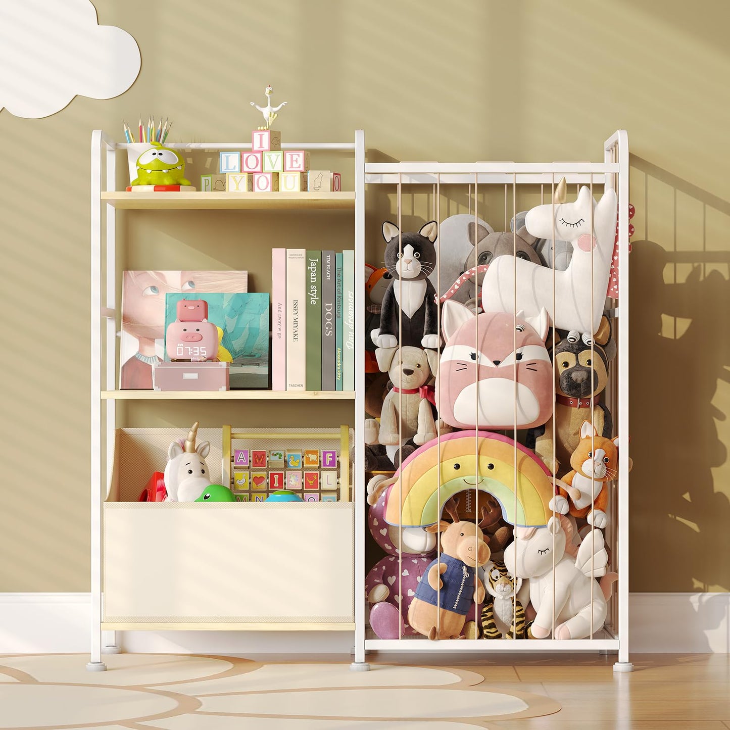 BBLIKE Stuffed Animal Storage - Stuffed Animal Net with Kids Bookshelf and Toy Organizer, 2-Tier White Bookshelf with Stuffed Animal Holder and Fabric Toy Chest for Kids Room, Playroom, Nursery, Beige