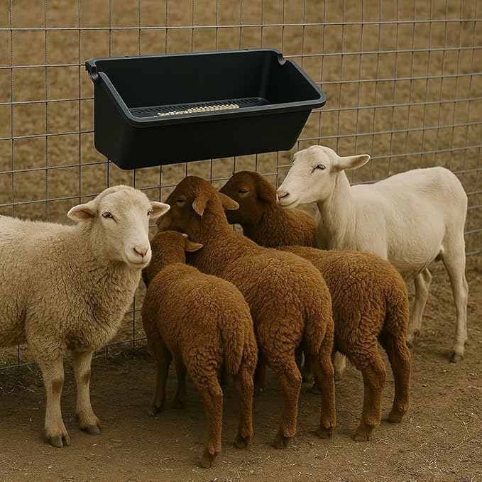 Hanging Chicken Feeder Troughs (2Pack, 5 Qt) – Durable Black Plastic Poultry Feed & Water Buckets with Metal D‑Clips, Multi‑Animal Goat, Sheep, Duck, Pig, Horse, Chicken Coop Feeder