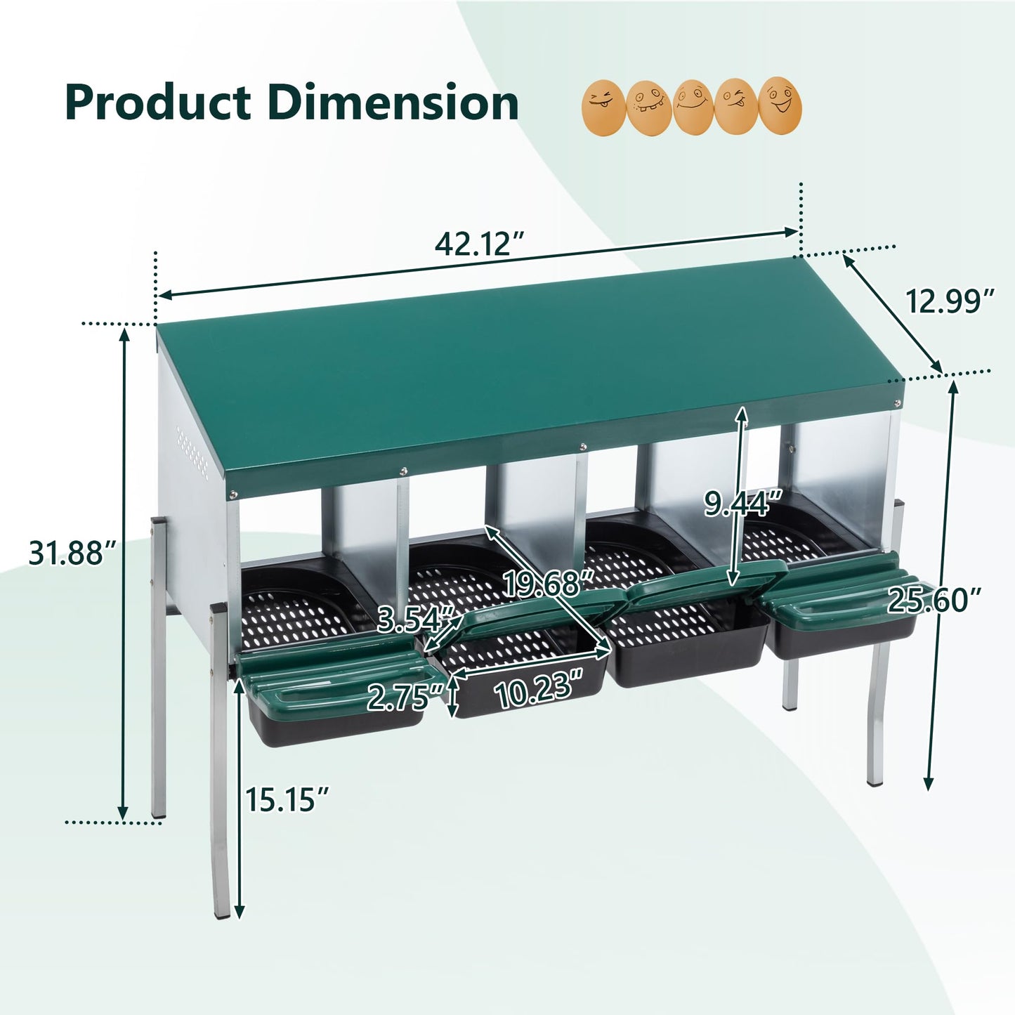 Chicken Nesting Box, 4 Compartment Metal Laying Box, Roll Away Nesting Boxes for Chicken, Indoor & Outdoor Use, Easy Egg Collection, 4 Holes with Legs, Green