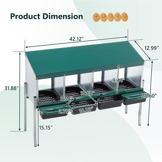 Chicken Nesting Box, 4 Compartment Metal Laying Box, Roll Away Nesting Boxes for Chicken, Indoor & Outdoor Use, Easy Egg Collection, 4 Holes with Legs, Green