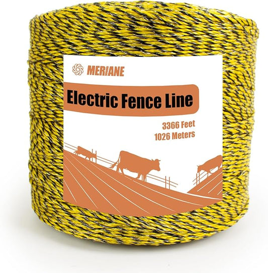 Electric Fence Wire 1/8'' 3366 Feet/1026 Meters, Upgraded 6 Stainless Steel Strands Conductors, Portable Polyrope Electric Fence Polywire for Livestock, UV Wear Rust Resistant