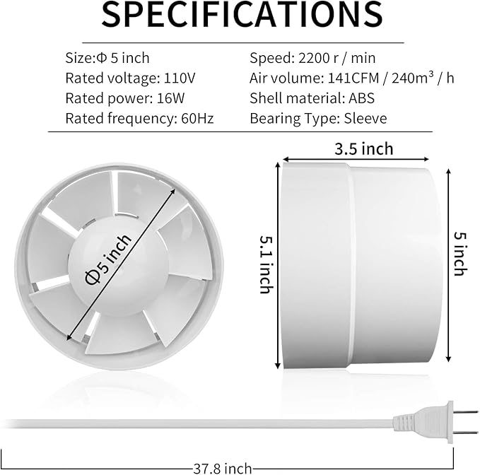 HUGOOME Inline Duct Fan 5 Inch Vent Booster, HVAC Exhaust Intake Fans 141 CFM, Ventilation Blower for Grow Tent Attic Kitchen Garage Greenhouse Basement (Φ 5 inch/110v)