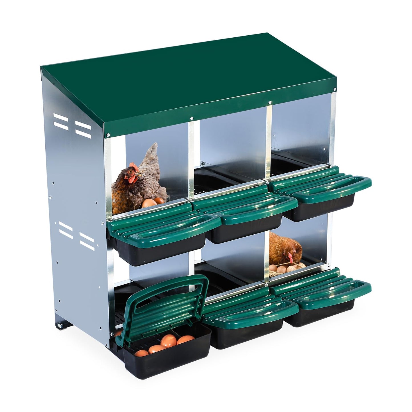 6 Hole Chicken Nesting Box, Roll-Away Egg Collection System with Ventilation Holes，Rustproof Plastic Tray & Keyhole Mounting, Chicken Laying Box for Hen & Duck, Green