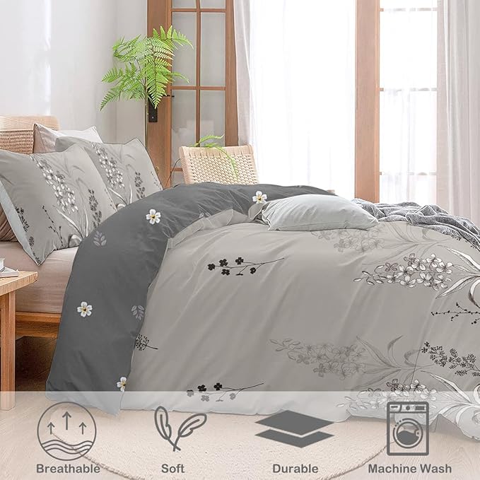 Vintage Grey Leaf Duvet Cover Farmhouse Decor Grey 3D Botanical Flower Print Bedding Set for Boys Girls with Zipper Closure and Corner Ties (Twin)
