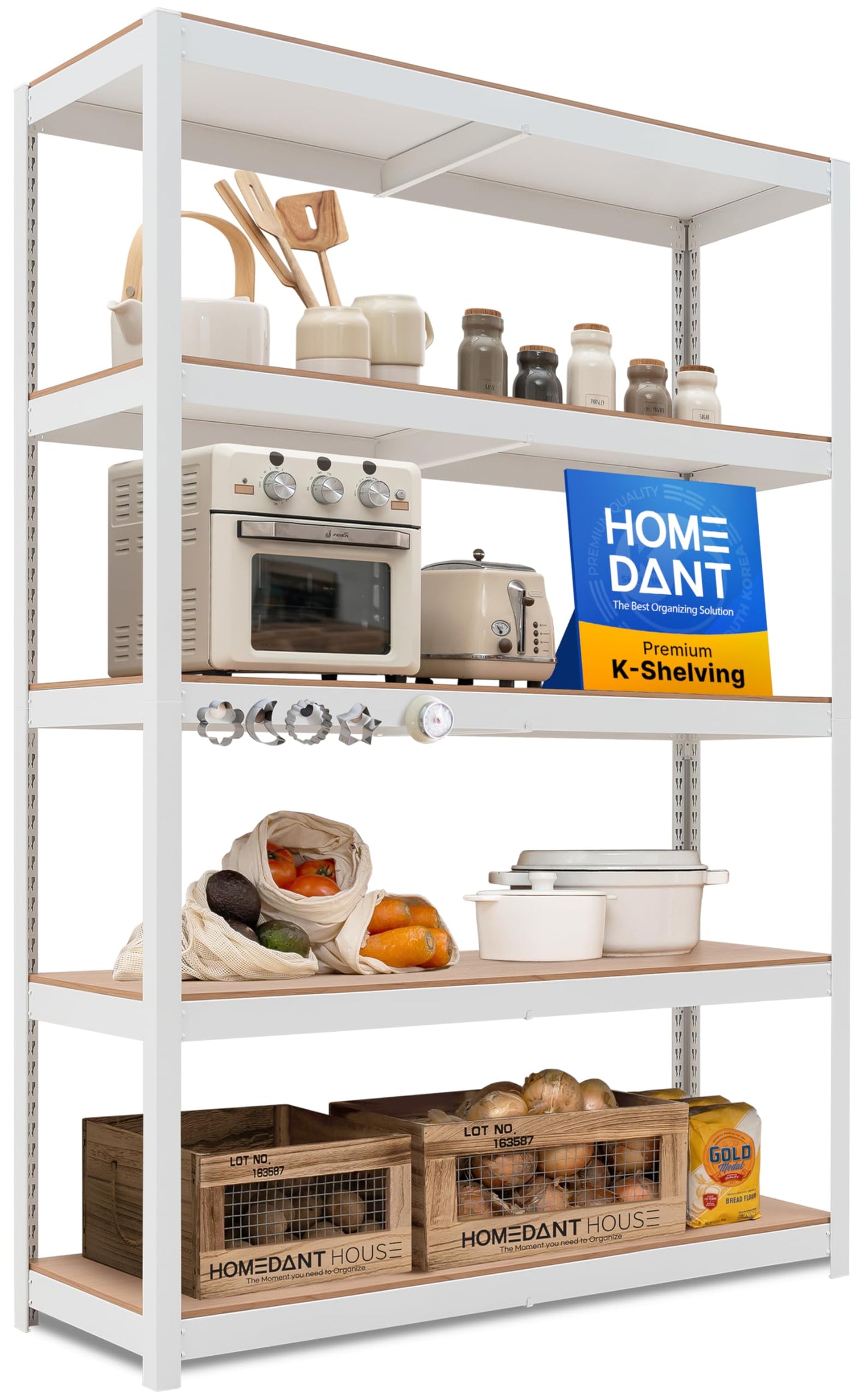 HOMEDANT House White 48" Wide Boltless Heavy Duty Garage Storage Shelving Adjustable 5-Tier Metal Shelves Laminated Organization Shelf Industrial Utility Rack Pantry Shed Office Store 1Pack
