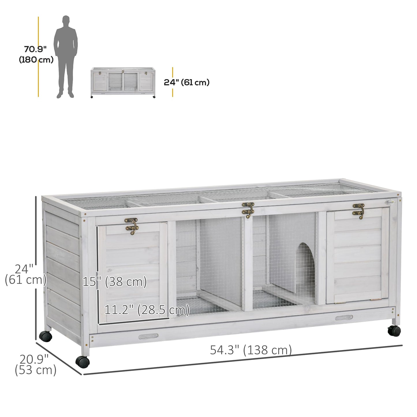 PawHut Wooden Rabbit Hutch, Bunny Cage with Wheels, Dividers, Openable Roof, Removable Trays, Small Animal Cages for 1-2 Rabbits, Indoor Outdoor Use, Light Gray
