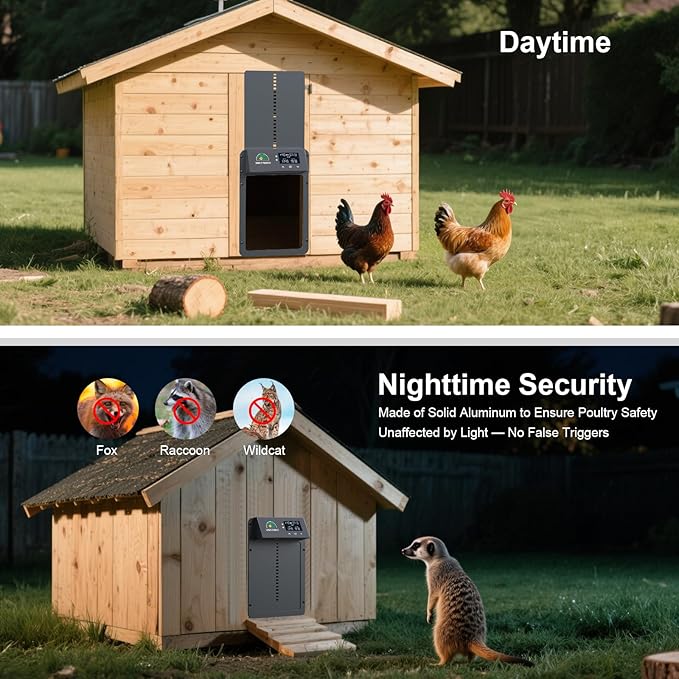 Automatic Chicken Coop Door,Solar Powered Chicken Coop Door with Multi-Mode,Aluminum Automatic Chicken Door,Anti-Pinch Coop Door with LCD Display,Automatic Coop Door with Timer&Light Sensor