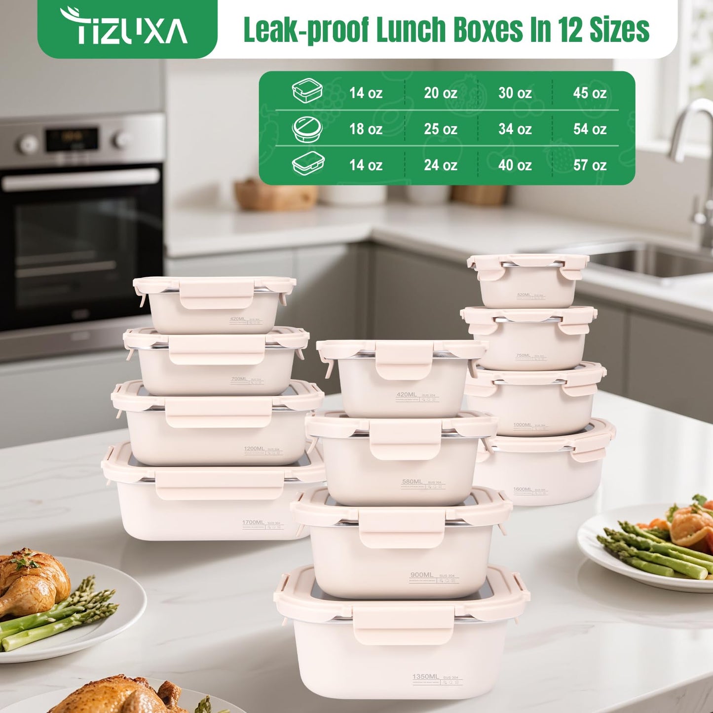 20oz Stainless Steel Lunch Box With Leakproof Tempered Glass Lids Microwavable Stainless Steel Food Storage Containers Stackable Freezer Fruit Snack Meal Prep Metal Bento Box for Travel Picnic Square