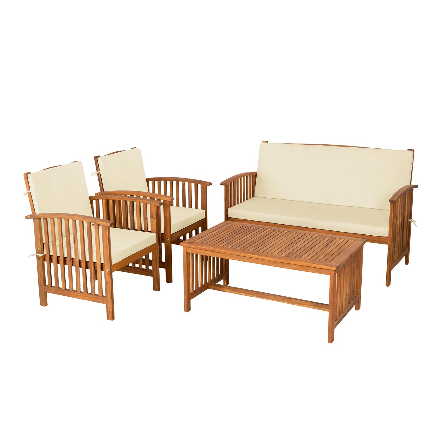 Greemotion Kyushu Farmhouse Acacia Wood 4-Piece Patio Set with Weather-Resistant, Include Tie-Back Cushions for Deck, Backyard, Lawn, Garden, Beige and Natural Brown