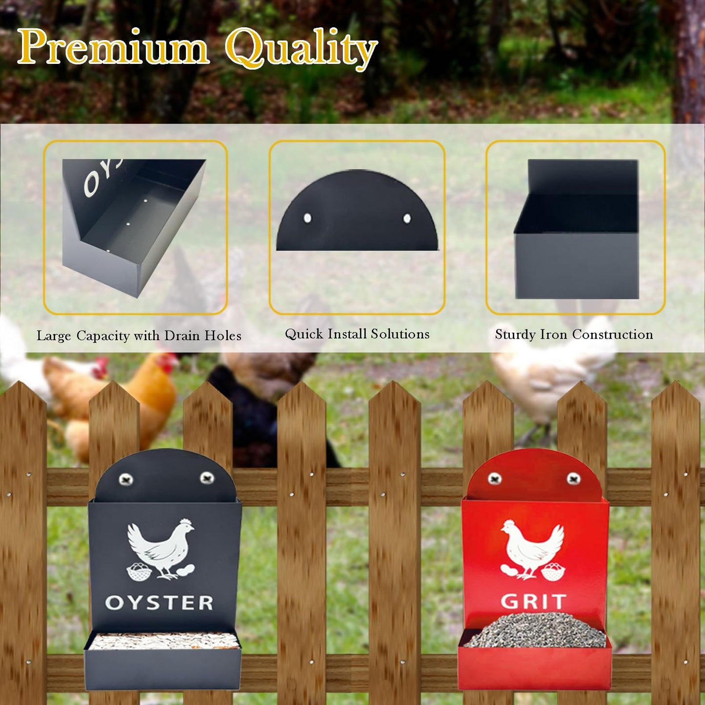 Automatic Chicken Oyster Shell & Grit Feeder,Hanging Metal Poultry Feeder Trough, Gravity-Fed Chicken Coop Accessory, Durable Black + Red Design