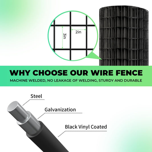 Garden Fence Black PVC Coated Welded Wire Fencing 24 Inch x 100 Foot, 2 Inch x 3 Inch 16GA, Garden Border Fencing Roll Vinyl Coating Metal Wire Mesh for Yard Vegetable Plant Protection Poultry Netting