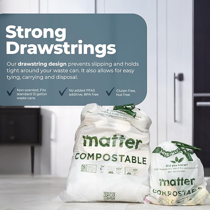 Matter Compostable Variety Pack 3 Gallon and 13 Gallon Kitchen Trash Bags with Drawstring, Unscented, Durable, Leak-Resistant, Eco-Friendly, 70 Count
