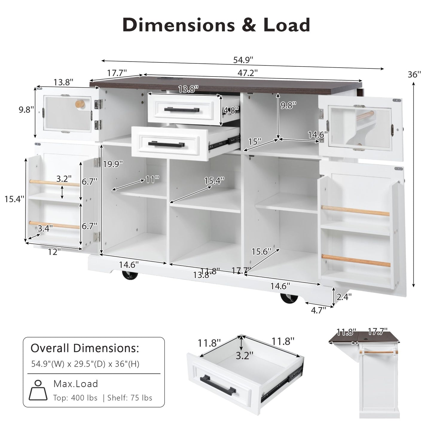 Merax 54.9" Kitchen Island with Drop Leaf, Power Outlet, Rolling Kitchen Storage Cart on 4 Wheels with 4 Door Shelves, Cross Barn Doors & Visual Glass Door for Dining Room, White