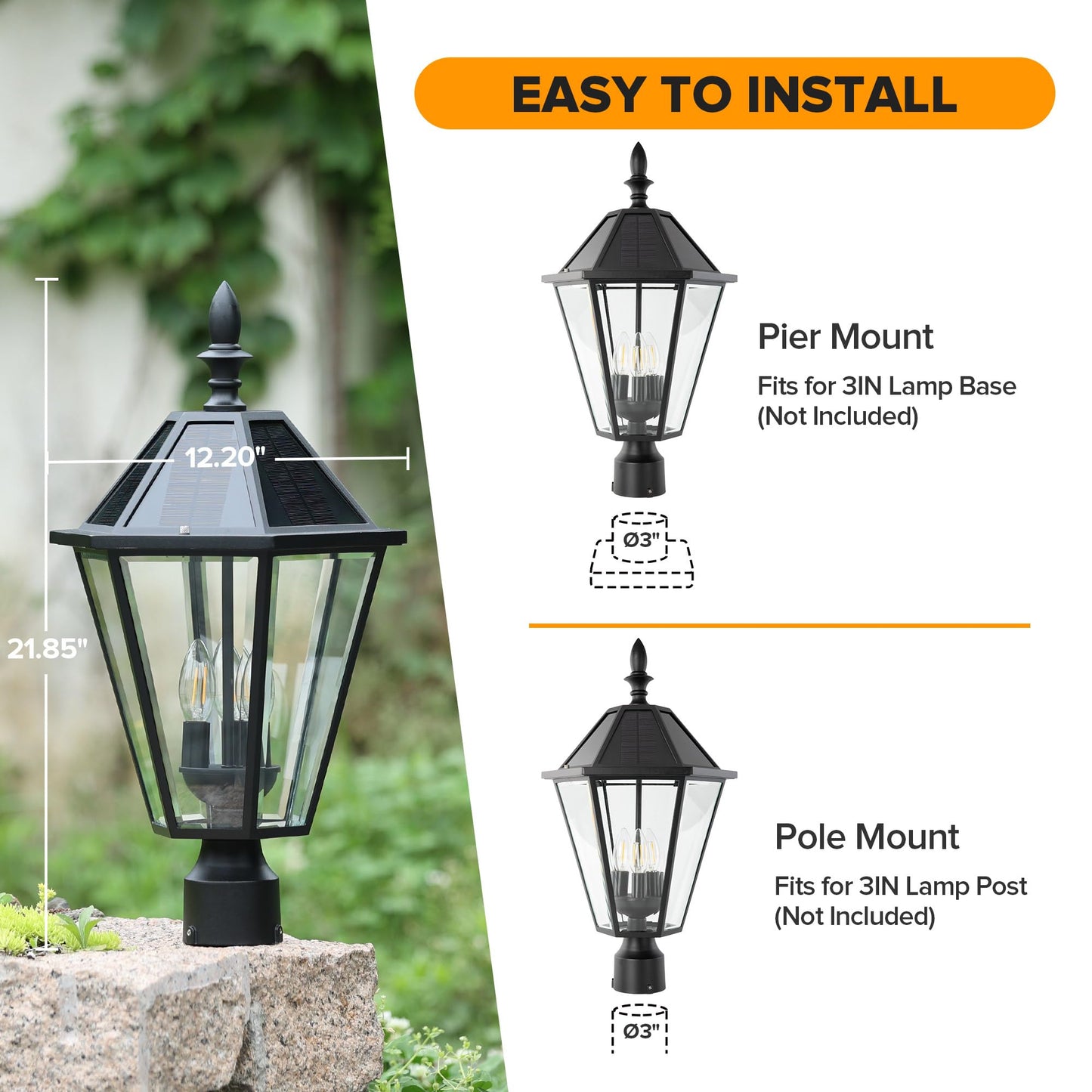 LUTEC Outdoor Solar Lamp Post Light with Pier Mount Base, Dusk to Dawn Waterproof Pole Light Head, Exterior Black Solar Powered Fence Post Light Fixtures for Outside