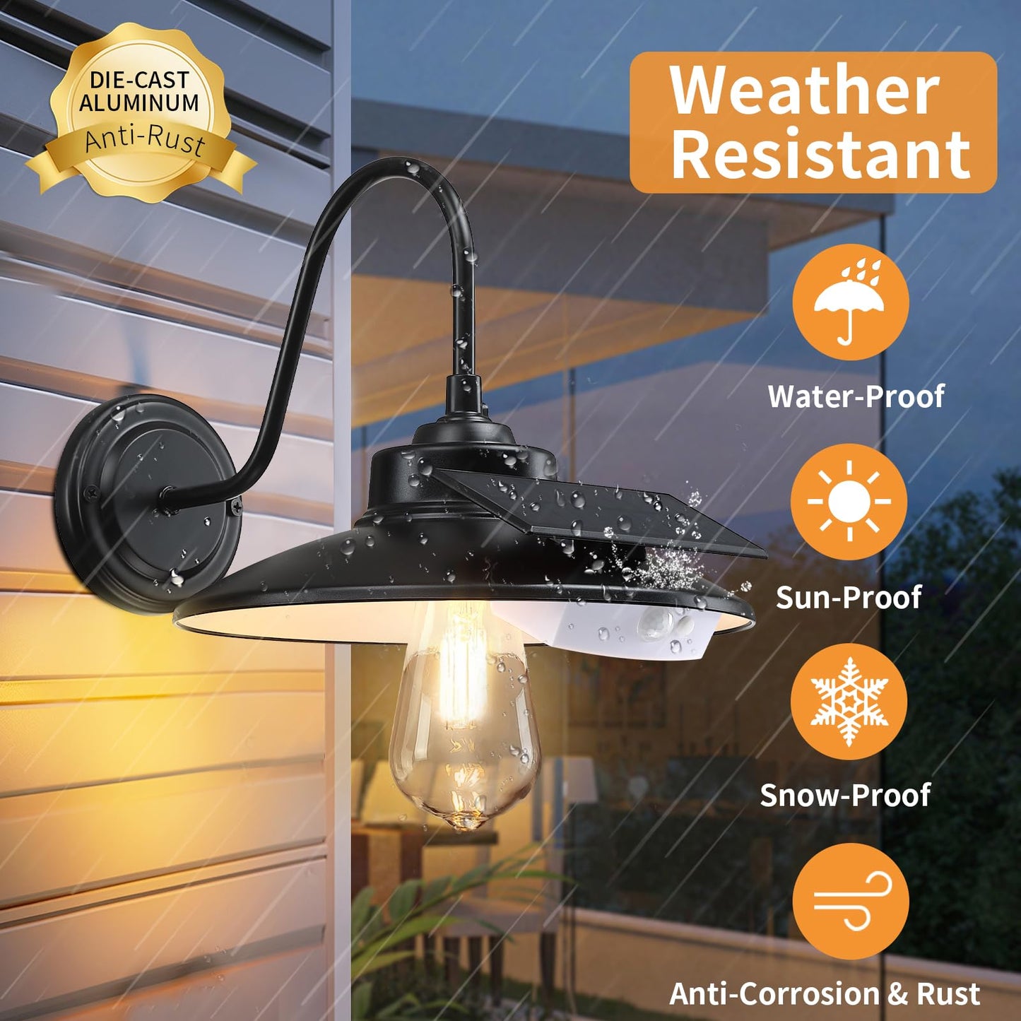 CRIRY Solar Barn Lights Outdoor with 3 Lighting Modes & Motion Sensor, Waterproof Black Farmhouse Outdoor Gooseneck Solar Lights for Barn Shed Chicken Coop Porch, 2Pack