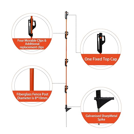 48 Inches Electric Fence Fiberglass Posts, 20 Pack Step in Electric Fence Post, Temporary Portable Fence Stakes for Livestock, Big Insulator, Orange