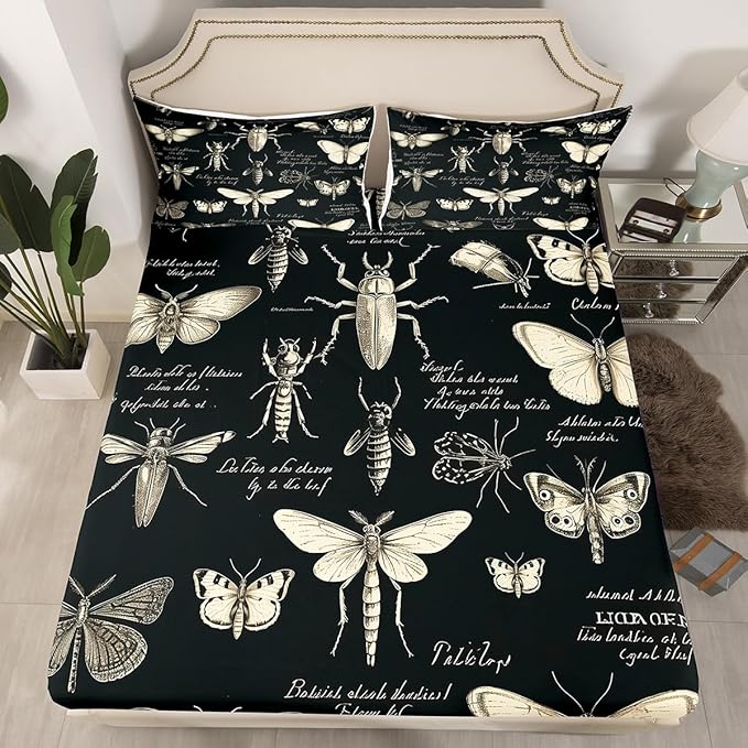 Butterfly Moth Insects Fitted Sheet Full Size,Bug Beetles Entomological Bed Sheet for Kids Boys Teens Men Bedroom Decor,Nature Animal Bedding Set Retro Black Brown Deep Pocket Sheet,2 Pillowcases